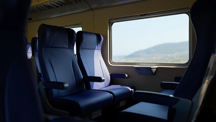 Passenger transportation: inside an empty car, train, or airplane cabin with seats and windows for travel