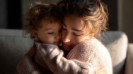 A young mother tightly hugging her toddler on a couch, afternoon sunlight casting soft glow, peaceful home atmosphere, eyes closed, conveying safety and love, tender bonding moment 