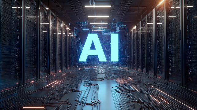  AI chip centered among server cabinets, with floating blue AI hologram and glowing data streams.