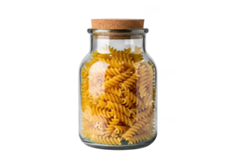 Glass jar filled with uncooked fusilli pasta and cork lid food