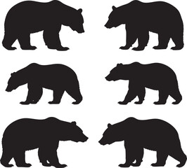 Set of isolated wild animal silhouettes, including walking elephants, a rhinoceros, and a bear, perfect for nature and safari designs