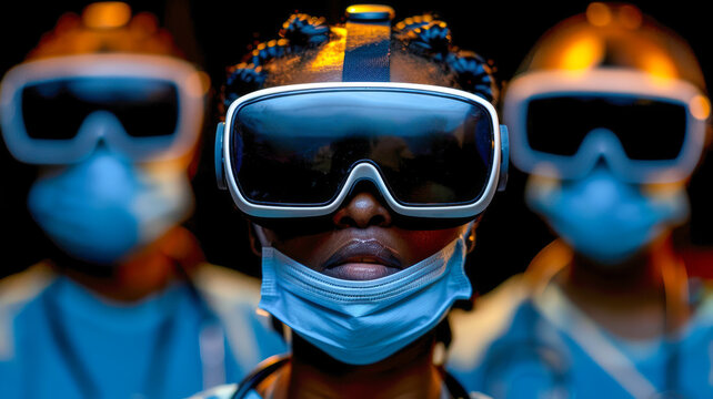 African American healthcare professionals wearing virtual reality headsets in a clinical environment