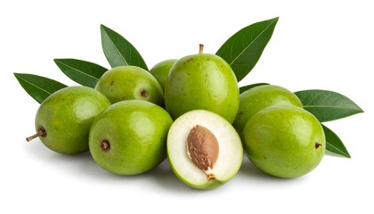 Obraz premium Fresh green jujube fruits with leaves on white background