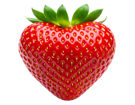  Single Heart-Shaped Strawberry with Glossy Red Surface and Gold Seeds, Centered, Isolated