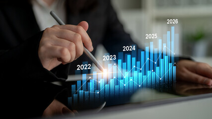 Business bar chart and line graph showing yearly business growth from 2022 to new year 2026,...