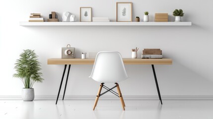 Modern workspace with wooden desk and white chair.