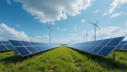 Solar Panel Energy production with display growth chart on grass at sunset with wind turbines in the background. Renewable energy concept, clean power, innovation, sustainability, green Eco tech, 8k