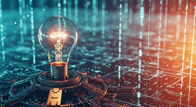 Glowing Light Bulb on Circuit Board with Binary Code Background Represents Innovation in Technology, Artificial Intelligence, and Ideas for the Future