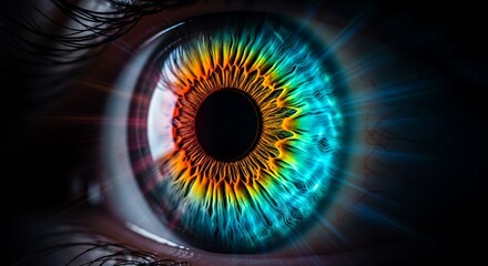 Close-up of a Human Eye with Vibrant Colors and Intricate Details, Showcasing a Spectrum of Orange, Yellow, Green, and Blue Radiating from the Pupil with Intense Focus