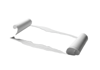 Close-up of a single torn white paper sheet revealing a pristine layer beneath, with rough fibrous edges casting sharp shadows on a minimalist white studio background, concept of change and renewal