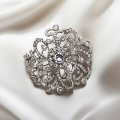 Diamond Brooch on Satin, Elegant Gemstone Jewelry, Ornate Silver Pin, Luxury Accessory, Sparkling Brooch