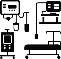 Hospital room icons infusion pump, ventilator, suction machine, vital sign monitor.