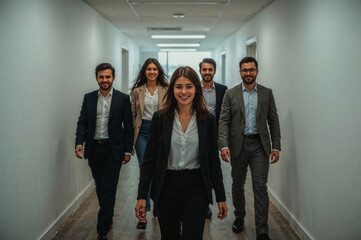 A diverse and professional team strides confidently, radiating success in a brightly lit office hallway,Business team strides confidently through a modern, bright office corridor