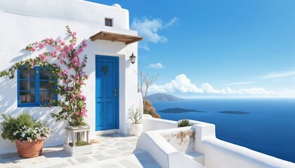 Fototapeta premium Seaside white house with blue door, window. Panoramic view of azure sea, fluffy white clouds. Patio with table, chairs on house cliffside terrace. Vibrant pink flower, green plant add color.