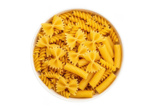 Overhead close up of white bowl filled with assorted dry pasta shapes food uncooked