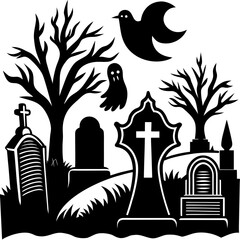 Naklejka premium A spooky graveyard scene with tombstones, trees, and a ghost