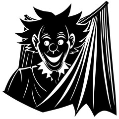 A scary clown with makeup is peeking out from behind a curtain