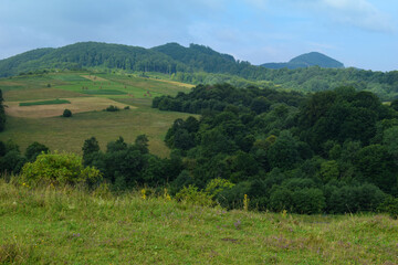 Distant view of green mountain hills and valley with cloudy sky and forest vegetation captured in natural daylight for landscape design or eco travel background use