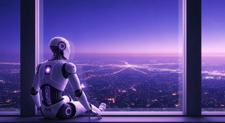 Robot contemplating a futuristic cityscape at night from a high window