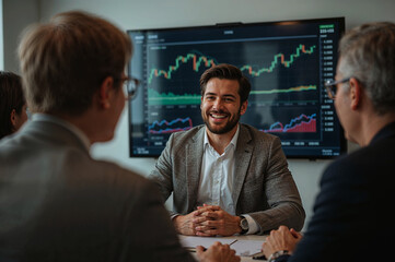 Financial professional sharing market data during a business meeting, A businessman leads a discussion about stock trends in a modern office setting