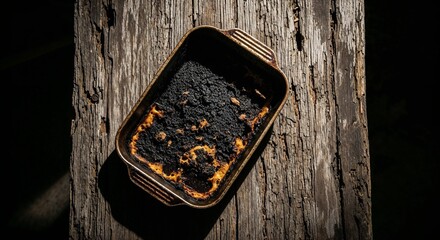 Burnt casserole dish on wooden surface with dark background  