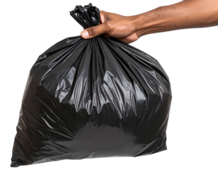  Man’s Hand Holding Full Black Garbage Bag by the Knot, Side View, Isolated