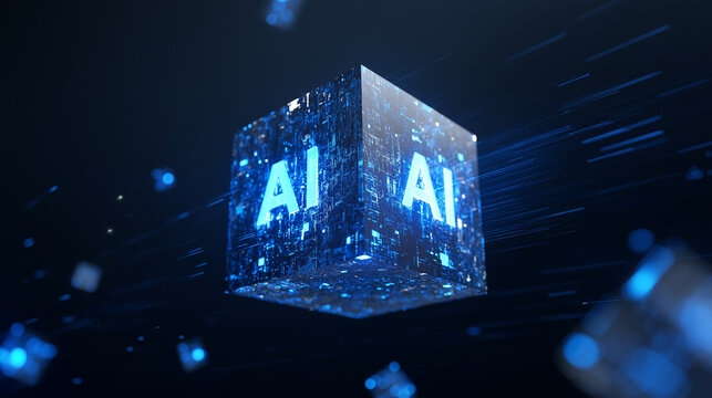  Glowing blue AI cube floats in space, surrounded by digital streams, data blocks, and tech elements., abstract blue background