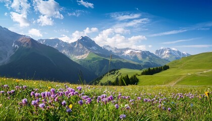 Fototapeta premium alpine meadow with wildflowers blooming flowers in summer background