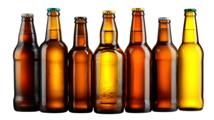 Array of Refreshing Beer Bottles with Condensation on Transparent Background for Commercial Use