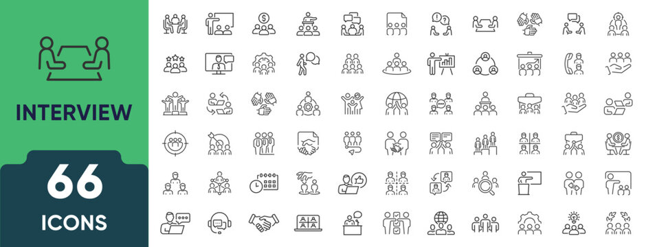 Interview Line Icon Set. Set of 66 outline icons including job interview, candidate, resume, discussion, recruiter, questions, and communication. Editable stroke. Linear vector illustration.