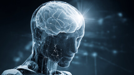 Futuristic robotic brain interface with AI, big data, deep learning, intelligent programming, and high-detail digital systems for future technology, X-ray of the human brain.