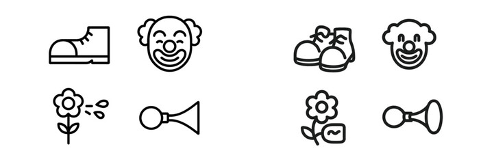 Clown-themed illustrations featuring shoes, flowers, and musical instruments in a playful design