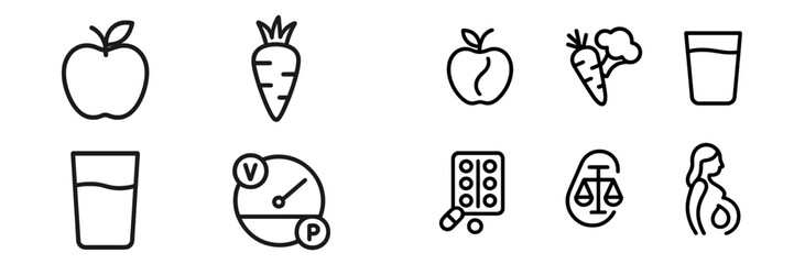Icons representing health and nutrition concepts including fruits, vegetables, and wellness activities related to healthy living