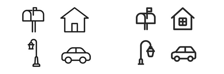 Simple line drawings of a house, mailbox, street lamp, and cars arranged in a grid format against a plain background