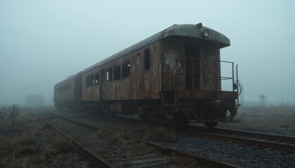 Fototapeta premium Old, abandoned train car on single track in foggy landscape. Dilapidated structure with rusty surface, metal paint. Caboose hangs on side, gray track partially obscured by misty fog.