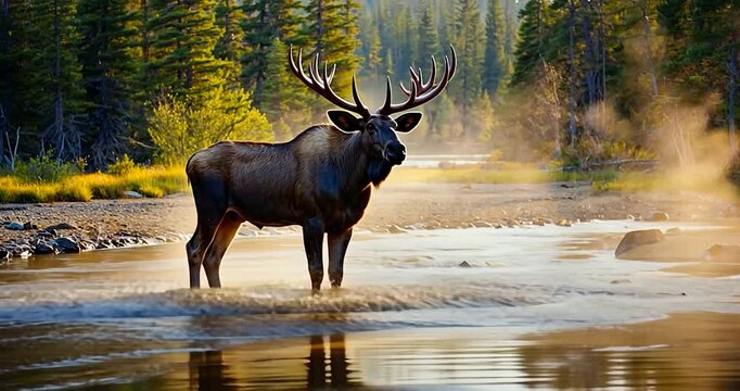 Moose in forest riverbed