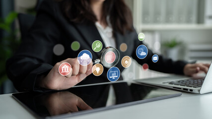 Set of business and digital service icons representing finance, cloud, analytics, email,...