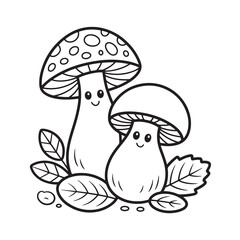 Cute Forest Mushrooms Coloring Page – Nature Inspired Illustration for Kids’ Fall Activities