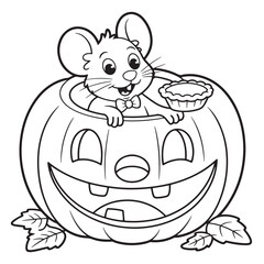 Cute Mouse Sitting on Jack-o'-Lantern Pumpkin – Halloween Coloring Page for Kids, Line Art Illustration