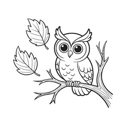 Cute Owl on Tree Branch with Leaves Coloring Page – Woodland Bird Line Art for Educational Fun

