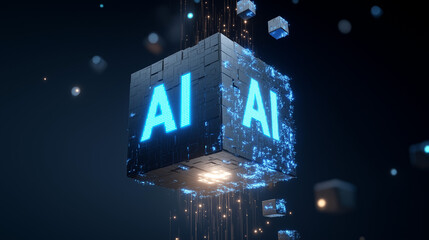  Glowing blue AI cube floats in space, surrounded by digital streams, data blocks, and tech elements., abstract blue background