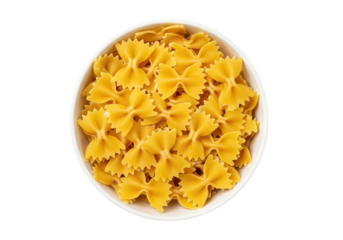 Overhead view of a white bowl filled with uncooked farfalle pasta image