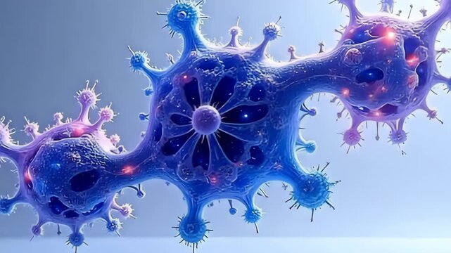 As if caught in a cosmic ballet, a floating molecule resembling fractal galaxy formation swirls gracefully, its intricate patterns radiating a spectrum of deep blues and rich purples, set