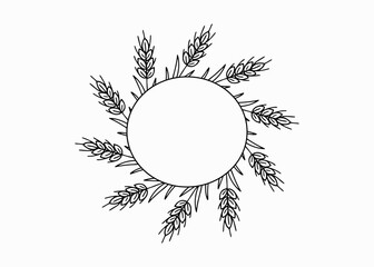 Wheat ears circle frame in hand-drawn doodle style. Perfect for labels, eco packaging, farm logos.