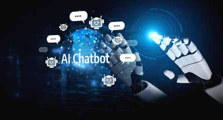 Fototapeta premium AI Virtual Assistant Artificial Intelligence Chatbot Controlled by Prompt Engineering for Explainable Generative AI information and LLM Deep Learning Technology for Smart Business Work Support. Vouch