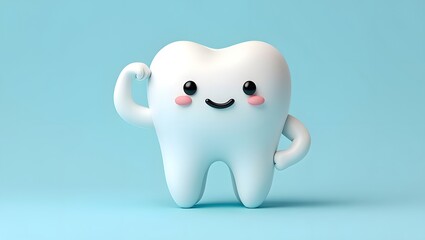 Cute Cartoon Tooth Character Showing Muscles - Healthy Smile Concept