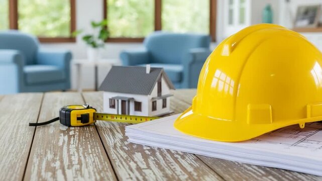 Yellow Hard Hat Miniature House Model and Architectural Blueprints on Rustic Wooden Desk for Home Construction Planning