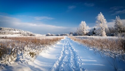 snow covered path through a field in winter