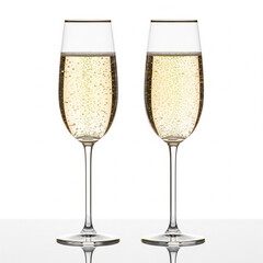 two luxury champagne glasses half-filled with sparkling champagne isolated on white background for elegant design use