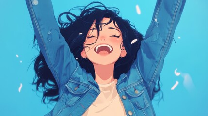 Joyful anime girl with arms raised, bathed in light blue.